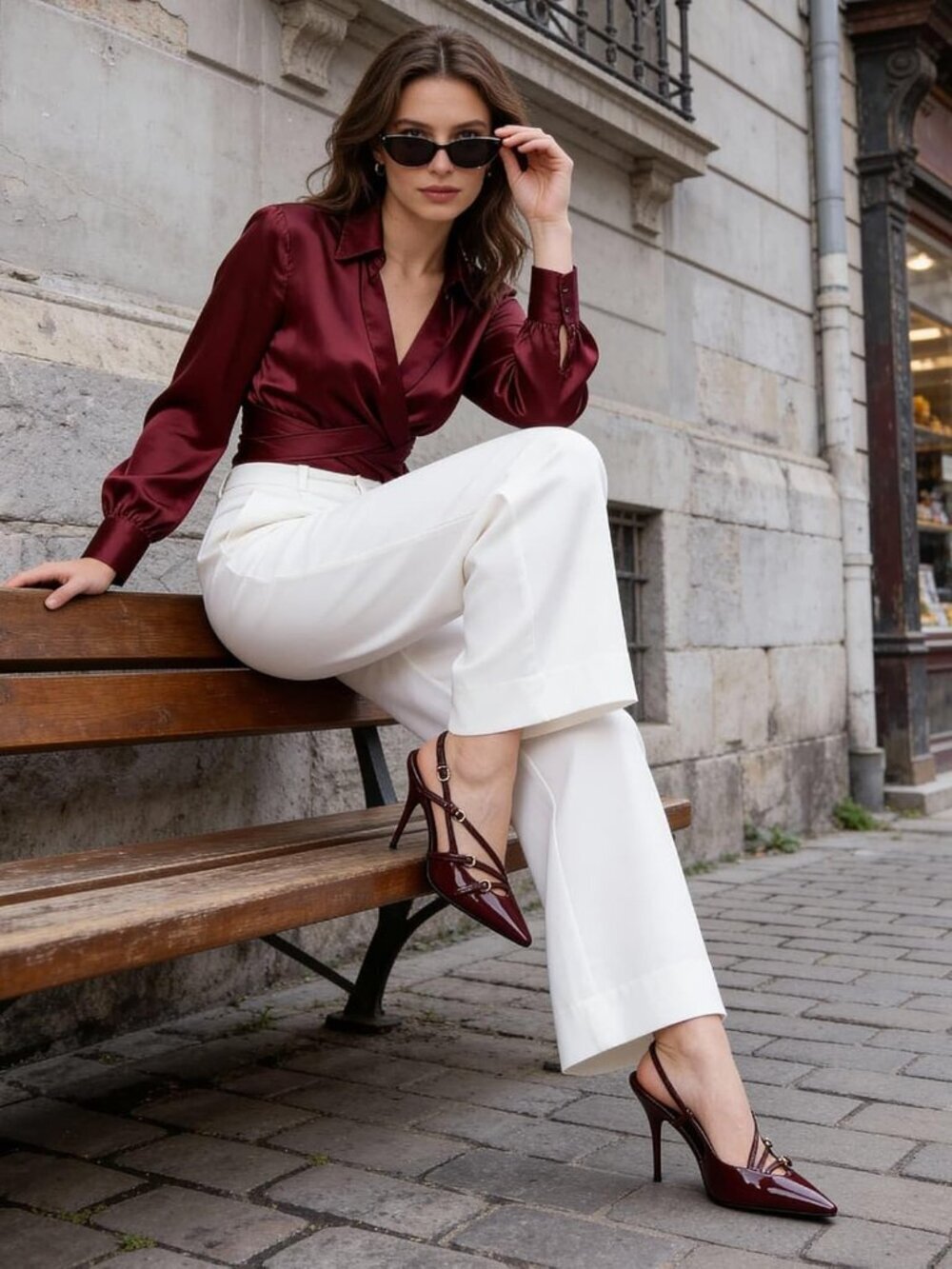 Women's Burgundy High Slingback Kitten Pointed Closed Pumps Low Heels Shoes - Picture 4 of 6
